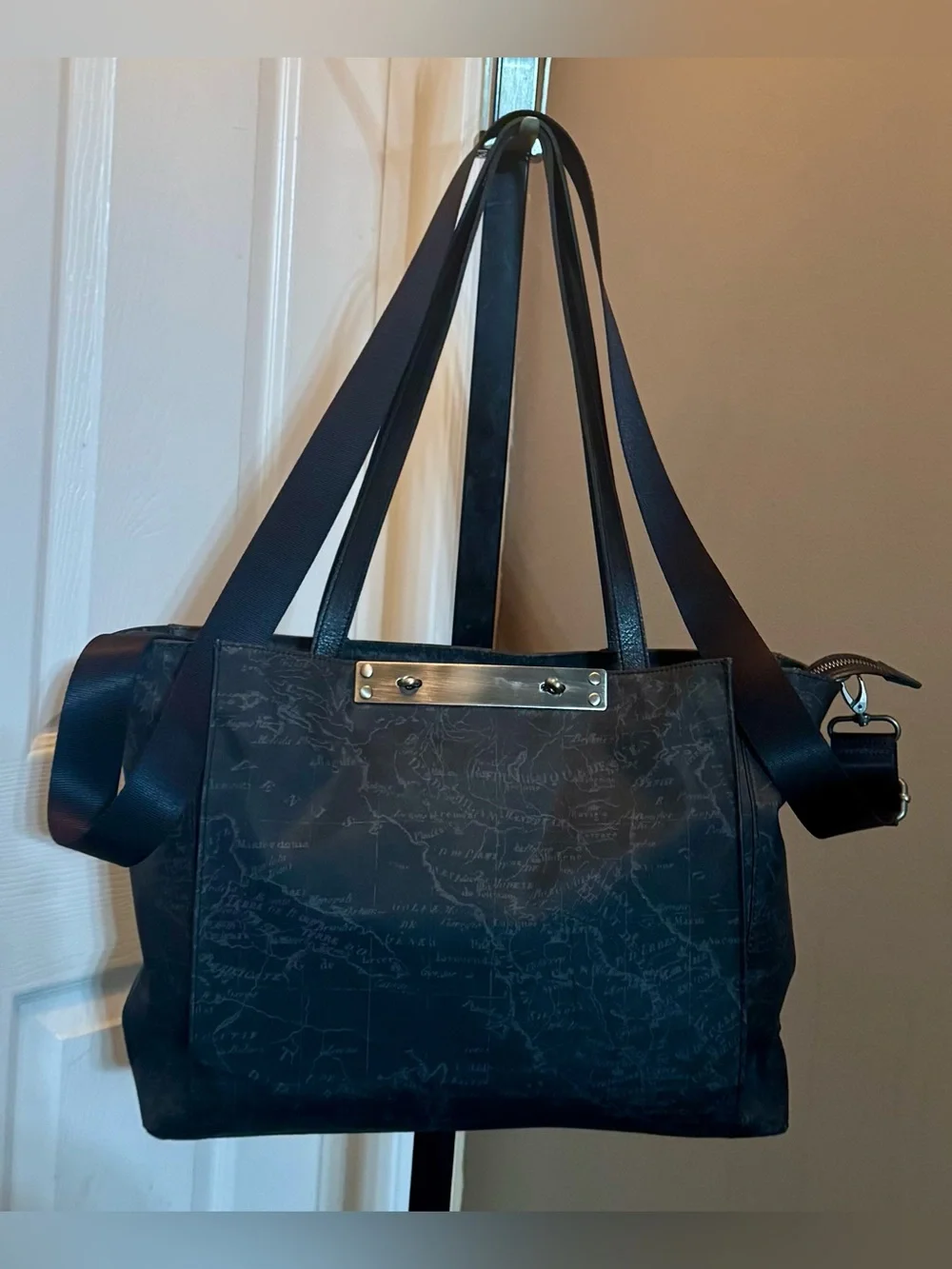 NWT-Patricia Nash Silvi TPU Coated Canvas Travel Tote-Black Map - Picture 1 of 14